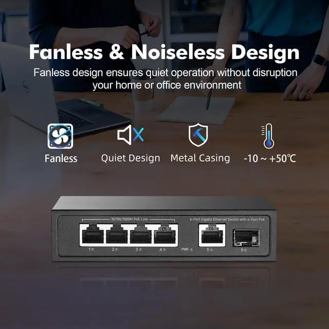 Alt view image 5 of 5 - 6 Port Mini Gigabit PoE Switch with 4 PoE+ Port, 1 Gigaibt RJ45 Uplink, 1 Gigabit SFP, IEEE802.3af/at, Max 65W, YuLinca Metal Fanless Plug & Play Ethernet Switch
