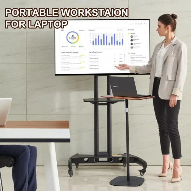 Alt view image 5 of 5 - Yuehuamech Laptop Floor Stand, 3 Height Adjustable Mobile Standing Desk, Projector Stand, Metal Base, Teacher Podium Standing Laptop Stand for Home, Office, Classroom