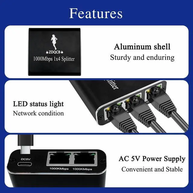 Alt view image 4 of 5 - ZDQCB Ethernet Splitter 1 to 4, RJ45 Splitter Adapter, High Speed Internet & Ethernet Switch for Cat5, Cat5e, Cat6, Cat7 Cable (1 to 4, 1000Mbps)