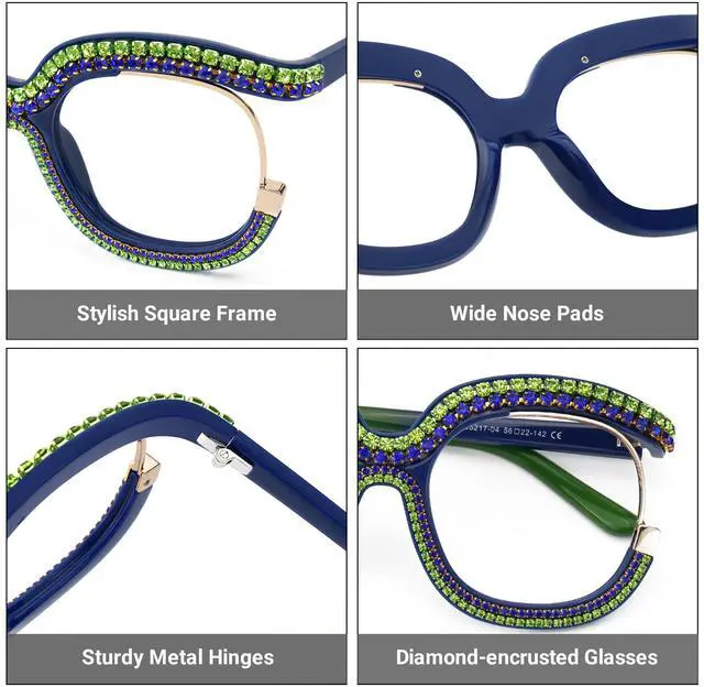 Alt view image 3 of 5 - Zeelool Stylish Square Glasses Diamond-Encrusted Glasses Blue Light Blocking Glasses Anti Eyestrain Glasses Oversized ZJGX095217 Black-Green