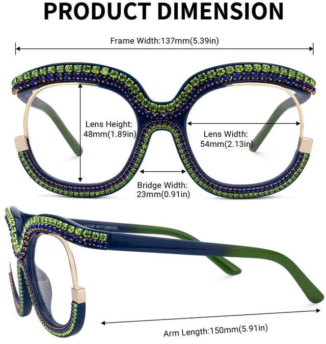 Alt view image 4 of 5 - Zeelool Stylish Square Glasses Diamond-Encrusted Glasses Blue Light Blocking Glasses Anti Eyestrain Glasses Oversized ZJGX095217 Black-Green