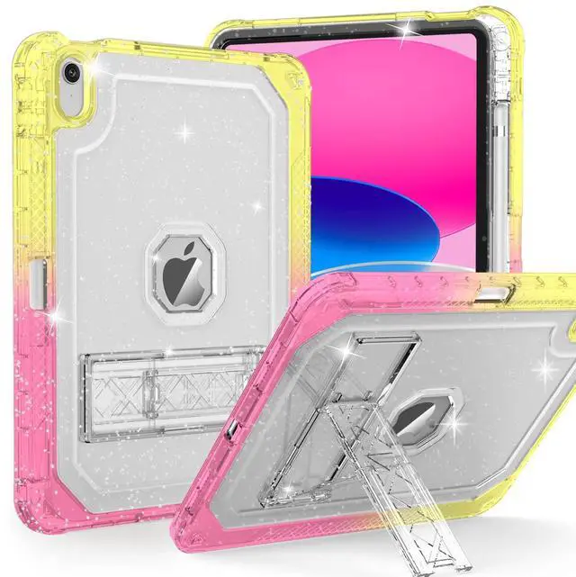 Main image of ZoneFoker Case for iPad 11-inch (A16) 2025 / iPad 10th Gen 10.9 inch 2022, Heavy Duty Shockproof Rugged Protective with Pencil Holder, 11th / 10th Translucent Cover with Kickstand Kids, Yellow to Pink