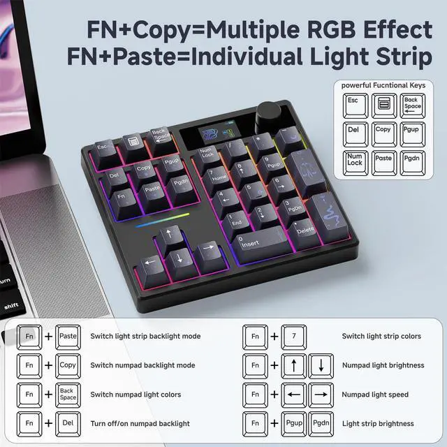 Alt view image 4 of 5 - ZMX X BOYI TD31Pro Mechanical Numpad,Hot Swap Wireless BT5.0/2.4GHz/Type-C Wired Numeric Keypad with Screen&Knob,30Keys PBT Keycaps RGB Gaming Macro Number Pad for PC Laptop (Moon-Star)