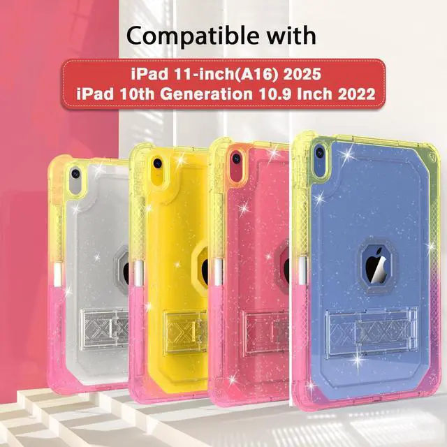Alt view image 2 of 5 - ZoneFoker Case for iPad 11-inch (A16) 2025 / iPad 10th Gen 10.9 inch 2022, Heavy Duty Shockproof Rugged Protective with Pencil Holder, 11th / 10th Translucent Cover with Kickstand Kids, Yellow to Pink