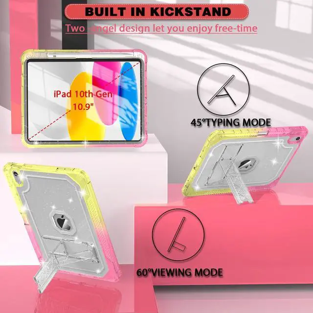 Alt view image 4 of 5 - ZoneFoker Case for iPad 11-inch (A16) 2025 / iPad 10th Gen 10.9 inch 2022, Heavy Duty Shockproof Rugged Protective with Pencil Holder, 11th / 10th Translucent Cover with Kickstand Kids, Yellow to Pink