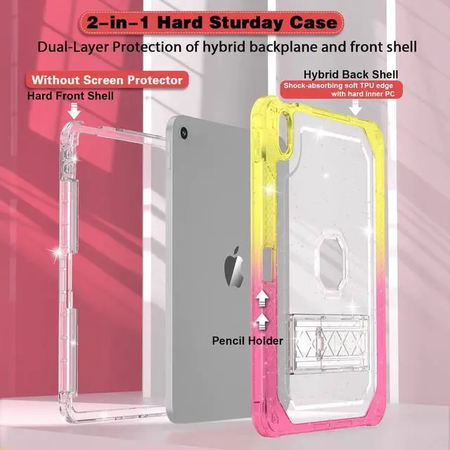 Alt view image 3 of 5 - ZoneFoker Case for iPad 11-inch (A16) 2025 / iPad 10th Gen 10.9 inch 2022, Heavy Duty Shockproof Rugged Protective with Pencil Holder, 11th / 10th Translucent Cover with Kickstand Kids, Yellow to Pink