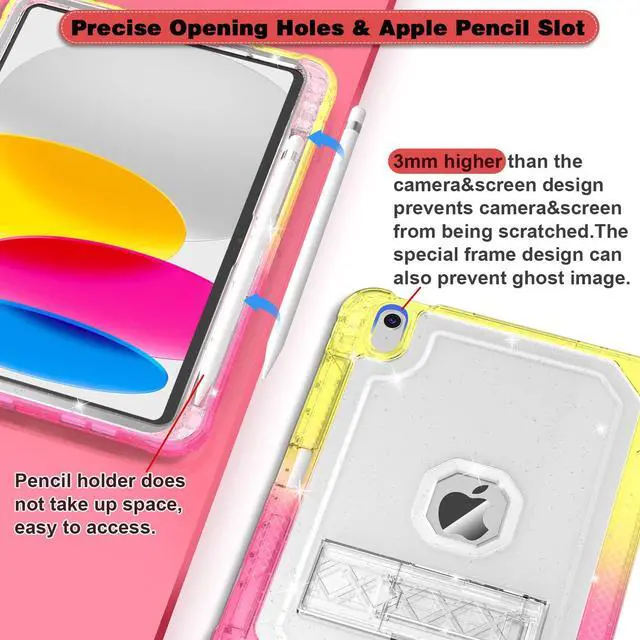 Alt view image 5 of 5 - ZoneFoker Case for iPad 11-inch (A16) 2025 / iPad 10th Gen 10.9 inch 2022, Heavy Duty Shockproof Rugged Protective with Pencil Holder, 11th / 10th Translucent Cover with Kickstand Kids, Yellow to Pink
