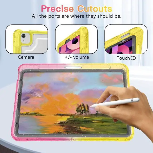 Alt view image 3 of 5 - ZoneFoker Case for iPad Air 5th/4th Generation Case (2022/2020) 10.9'', for iPad Pro 11 Inch (4th/3rd/2nd/1st Gen), Hard Slim Cover for iPad Air 5 4 th with Pencil Holder/Stand, Glitter Yellow to Pink