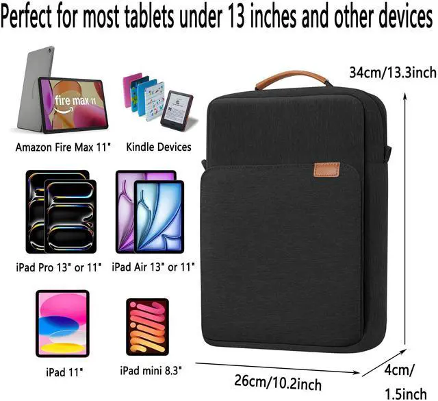 Alt view image 2 of 5 - ZMEIKJ 9-13 Inch Tablet Sleeve iPad Bag Satchel Messenger Sling Shoulder Bag for Men Travel Work with Handle Removable Shoulder Strap Carrying Case for Fire Laptop Kindle Surface Samsung Black