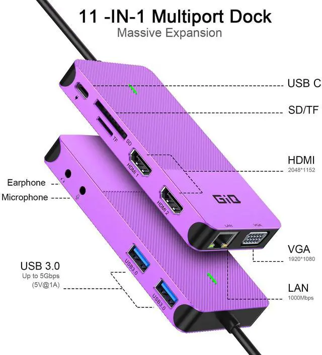 Alt view image 2 of 5 - USB Docking Station GIQ USB C HUB USB 3.0 to Dual HDMI VGA Adapter Triple Display USB C Laptop Docking Station Dual Monitor HDMI Splitter Extender Compatible with MacBook M1 M2 USB Dock-Purple