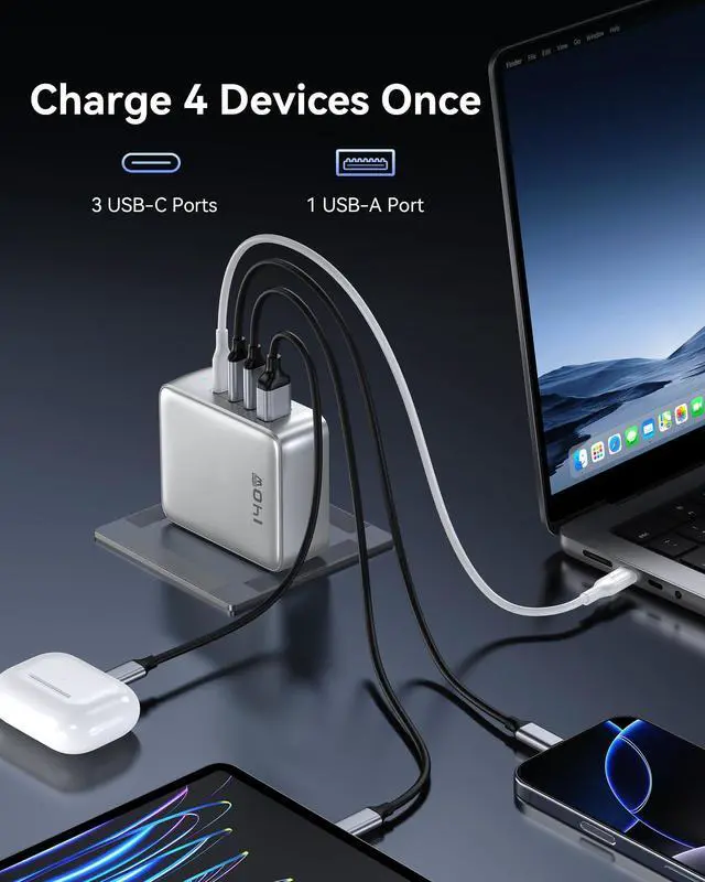 Alt view image 3 of 5 - 140W USB C Charger, 4 Ports GaN Charger Block Charging Station, Foldable and Compact Fast Wall Charging Power Adapter for MacBook Pro/Air, Dell XPS, iPad Pro, iPhone Series, Galaxy S24, and More