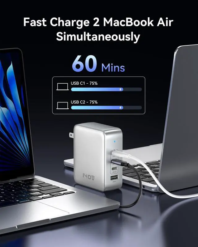 Alt view image 4 of 5 - 140W USB C Charger, 4 Ports GaN Charger Block Charging Station, Foldable and Compact Fast Wall Charging Power Adapter for MacBook Pro/Air, Dell XPS, iPad Pro, iPhone Series, Galaxy S24, and More