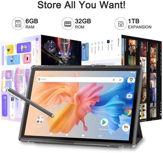 Alt view image 5 of 5 - Tablet 10 Inch Android 14 Tablets With Case 6GB RAM+32GB ROM+1024GB Expand, 6000mah Battery Tableta, 2MP+8MP Dual Camera WiFi-6 10.1'' IPS HD Touch Screen, Android Tablet Incloud Case Stylus (Black)