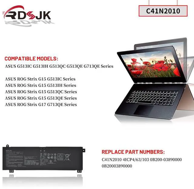 Alt view image 3 of 5 - C41N2010 Laptop Battery for ASUS ROG Strix G15 G513IC G513IH G513QC G513QE G17 G713QE G513IC-HN055T G513IH-HN086T G513QC-HF002T G513QE-HN010T G513QE-WH96 G713QE-RB74 Series 0B200-03890000 15.48V 56Wh