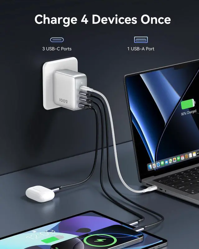 Alt view image 3 of 5 - 100W USB C Charger, 4-Port GaN Charger Block Charging Station, Foldable and Compact Fast Wall Charging Power Adapter for MacBook, iPad, iPhone Series, Galaxy S24/S23, Steam Deck, Google Pixelbook