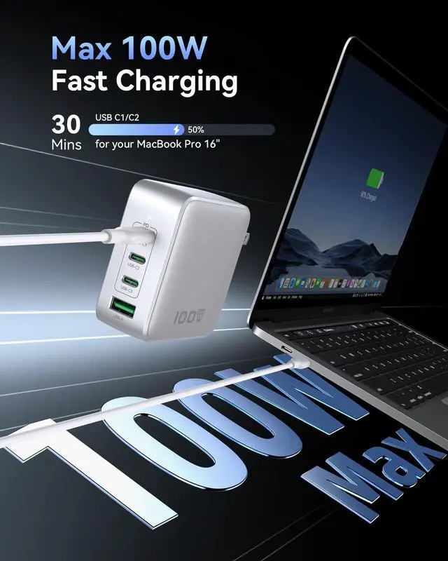 Alt view image 2 of 5 - 100W USB C Charger, 4-Port GaN Charger Block Charging Station, Foldable and Compact Fast Wall Charging Power Adapter for MacBook, iPad, iPhone Series, Galaxy S24/S23, Steam Deck, Google Pixelbook