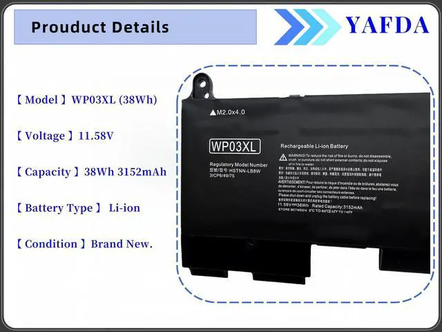 Alt view image 4 of 5 - Yafda WP03XL 38Wh Laptop Battery Replacement for Hp EliteBook 830 835 840 845 860 865 G9 EliteBook 830 835 840 845 860 865 G10 / x360 1040 G9 G10 ZBook Firefly 14 G9 / G10 Mobile Workstation Series