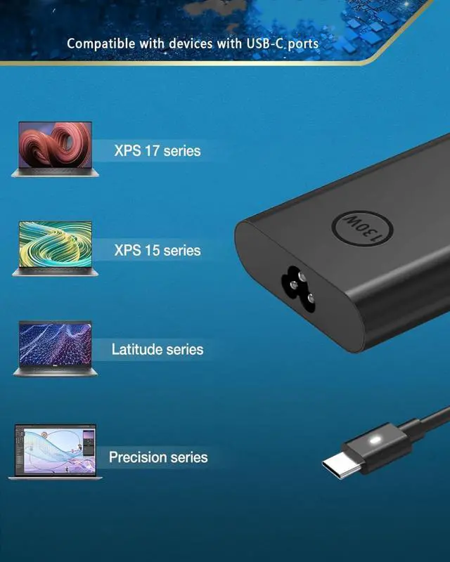 Alt view image 3 of 5 - 130W USB C Charger for Dell XPS 15 9500 9510 9575 17 9700 9710 9720 DA130PM170 HA130PM170 Laptop Type C Power Supply Cord