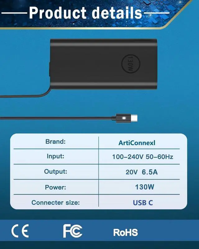 Alt view image 5 of 5 - 130W USB C Charger for Dell XPS 15 9500 9510 9575 17 9700 9710 9720 DA130PM170 HA130PM170 Laptop Type C Power Supply Cord
