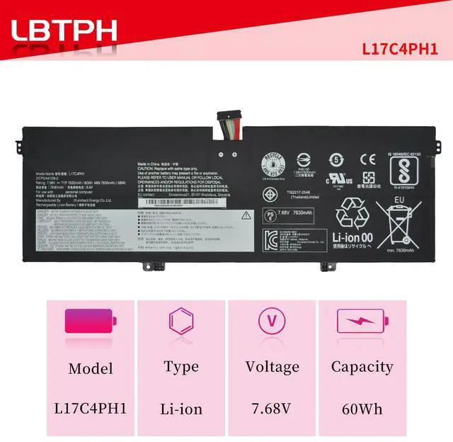 Alt view image 2 of 5 - LBTECH L17C4PH1 L17M4PH1 L17M4PH2 L17M4PH3 Compatible Laptop Battery Replacement for Yoga 7 Pro Pro-13IKB C930 C930-13IKB C930-13IKB 81C4 Series 7.68V 60Wh