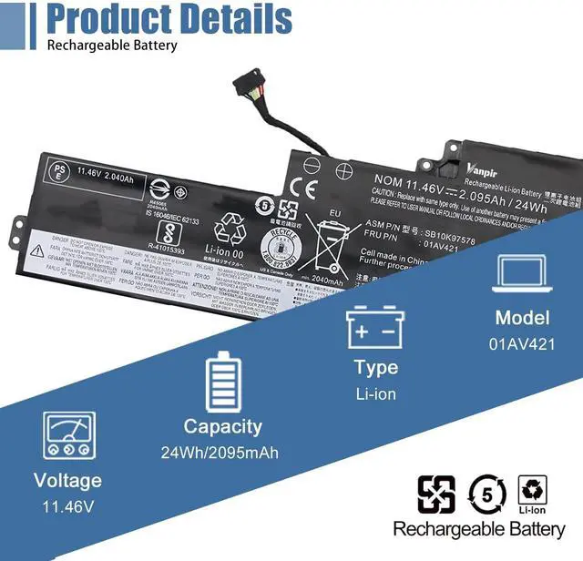 Alt view image 2 of 5 - VANPIR 01AV421 T470 T480 Laptop Battery Replacement for Lenovo ThinkPad A475 A485 TP25 Series Notebook SB10K97578 01AV419 01AV420 01AV489 SB10K97576 SB10K97577 11.46V 24Wh 2095mAh 3-Cell