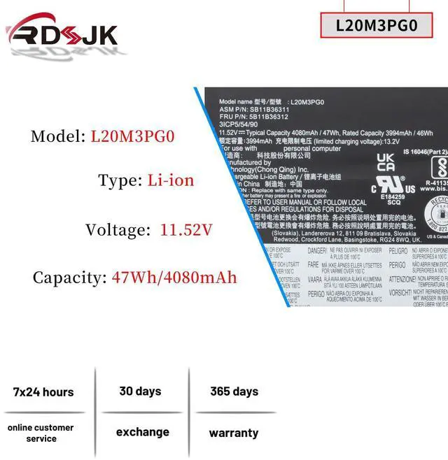 Alt view image 2 of 5 - L20L3PG0 L20M3PG0 L20C3PG0 L20D3PG0 L20M3PG3 Laptop Battery for Lenovo 100w 300w 500w Gen 3 100e 300e 500e Chromebook Gen 3 IdeaPad 3 Chrome 15IJL6 Flex 3 Chrome 15IJL7 Series L20D3PG2 L20M3PG2 47Wh