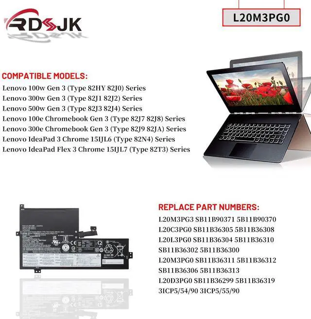 Alt view image 3 of 5 - L20L3PG0 L20M3PG0 L20C3PG0 L20D3PG0 L20M3PG3 Laptop Battery for Lenovo 100w 300w 500w Gen 3 100e 300e 500e Chromebook Gen 3 IdeaPad 3 Chrome 15IJL6 Flex 3 Chrome 15IJL7 Series L20D3PG2 L20M3PG2 47Wh