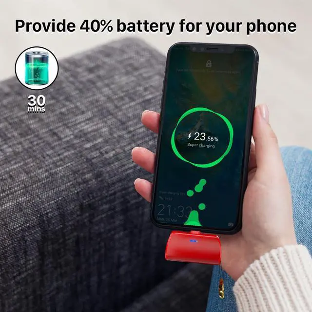 Alt view image 4 of 5 - Quzmo Keychain Portable Charger for iPhone, 2500mAh Mini Power Emergency Pod Ultra-Compact External Power Bank Battery Pack Keyring Charger for iPhone 14/13/12/11/X/8/7/6S/SE (Red)
