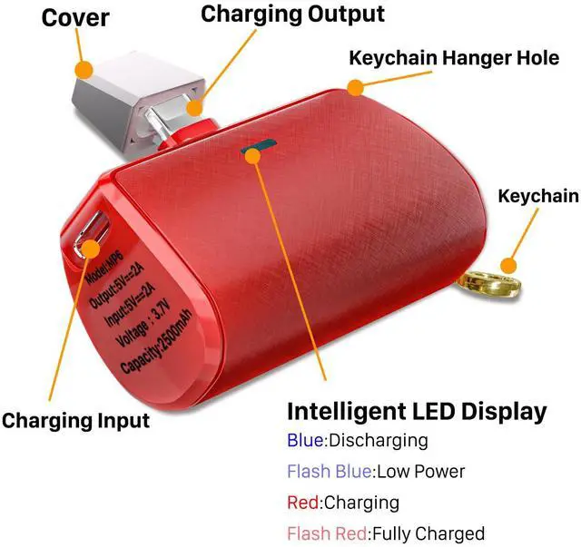 Alt view image 3 of 5 - Quzmo Keychain Portable Charger for iPhone, 2500mAh Mini Power Emergency Pod Ultra-Compact External Power Bank Battery Pack Keyring Charger for iPhone 14/13/12/11/X/8/7/6S/SE (Red)