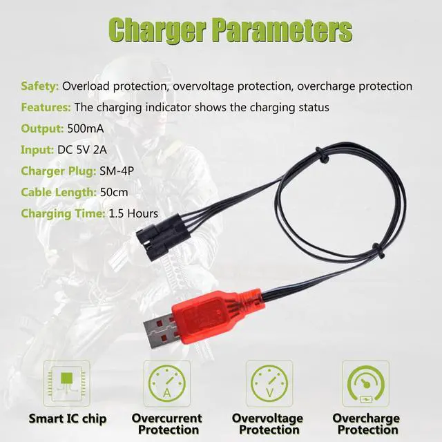 Alt view image 4 of 5 - VICMILE 7.4V Li-ion Battery 600mAh 2S Rechargeable Lithium Battery with SM-4P Plug and USB Battery Charger Cable 2Pack
