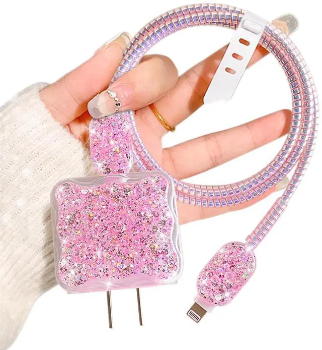 Main image of Luxury Cable Protector Suitable for iPhone 18W/20W Charger Clear Wave Edge Glitter Design,Data Line Cable Case Cable Saver Phone Charger Protector for iPhone XR 8 11 12 13 14 Plus Pro Max - Pink