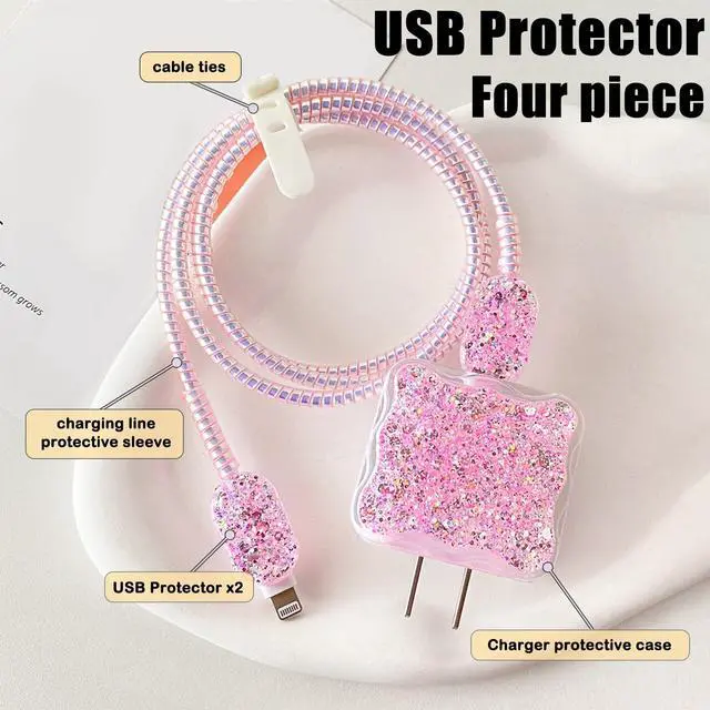 Alt view image 2 of 5 - Luxury Cable Protector Suitable for iPhone 18W/20W Charger Clear Wave Edge Glitter Design,Data Line Cable Case Cable Saver Phone Charger Protector for iPhone XR 8 11 12 13 14 Plus Pro Max - Pink