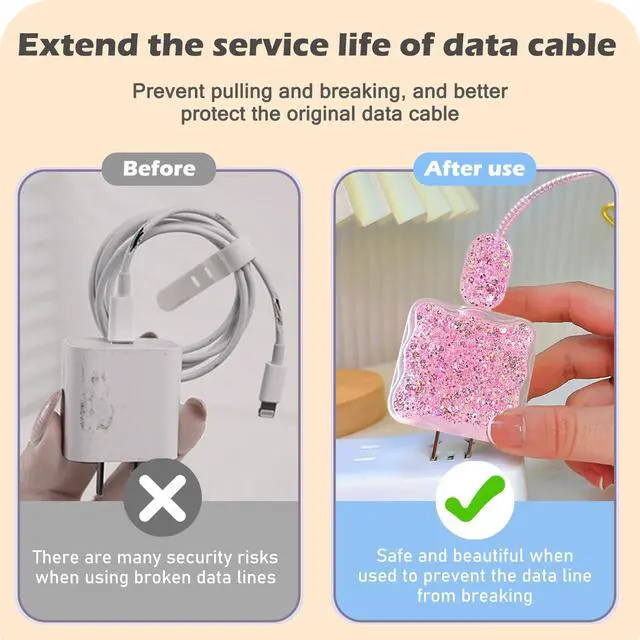 Alt view image 4 of 5 - Luxury Cable Protector Suitable for iPhone 18W/20W Charger Clear Wave Edge Glitter Design,Data Line Cable Case Cable Saver Phone Charger Protector for iPhone XR 8 11 12 13 14 Plus Pro Max - Pink