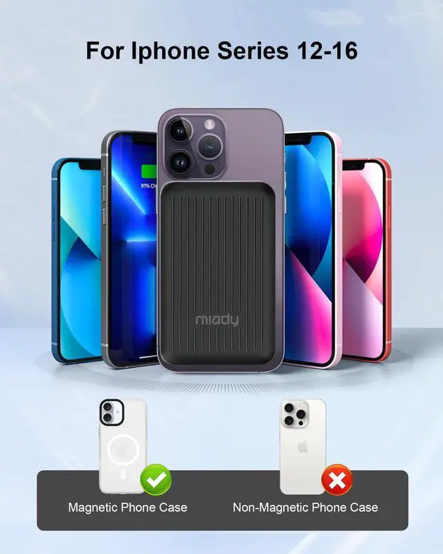 Alt view image 4 of 5 - Miady Mini MagSafe-Compatible Portable Charger, 5000mAh 5W Compact Magnetic Power Bank for iPhone 16/15/14/13/12, 12W USB-C Charging Battery Pack