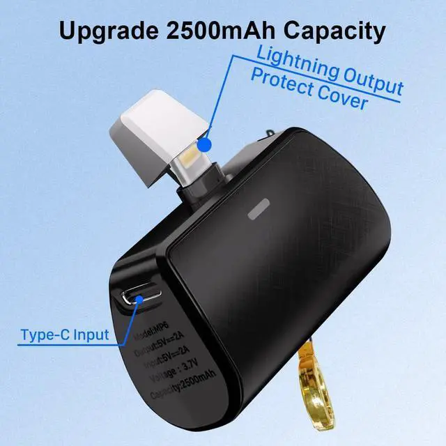 Alt view image 3 of 5 - WAVYPO Keychain Portable Charger 2500mAh, Cell Phone Portable Power Bank Pack Mini Power Emergency Pod Fast Charging Compatible for iPhone 14/14 Pro Max/13/13 Pro Max/12/12 Pro Max/11/XR/X/8 (Black)