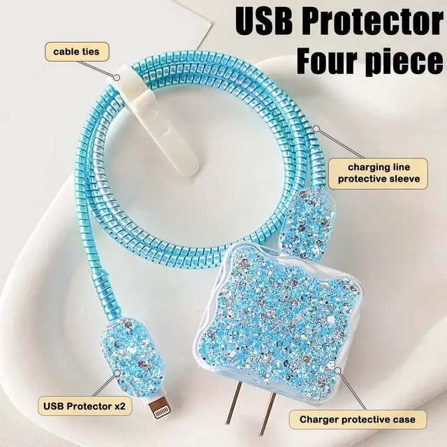 Alt view image 2 of 5 - Luxury Cable Protector Compatible for iPhone Charger Glitter Wave Edge Design,Data Line USB Case Wire Cable Saver Phone Charger Protector for iPhone XR 8 11 12 13 14 Plus Pro Max - Blue