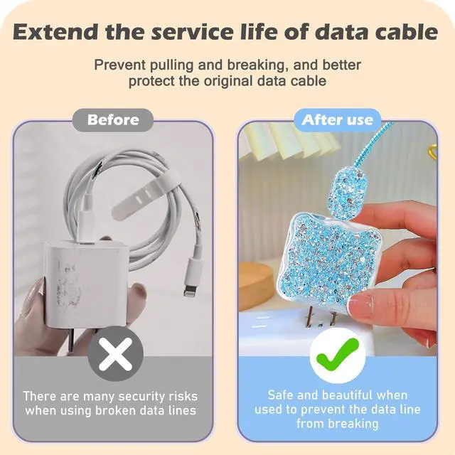 Alt view image 4 of 5 - Luxury Cable Protector Compatible for iPhone Charger Glitter Wave Edge Design,Data Line USB Case Wire Cable Saver Phone Charger Protector for iPhone XR 8 11 12 13 14 Plus Pro Max - Blue