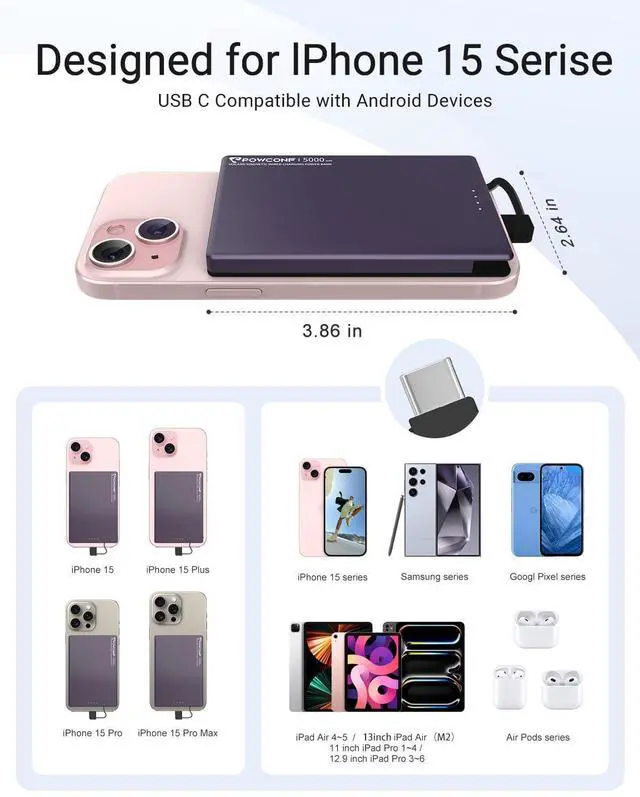 Alt view image 3 of 5 - Magnetic Portable Charger, 5000mAh Portable Wired Charger with Built-in USB-C Cable &Anti fingerprint, 0.36in Ultra Slim Portable Battery Charger for iPhone 15/Pro/Pro Max&Andriod Devices,Purple