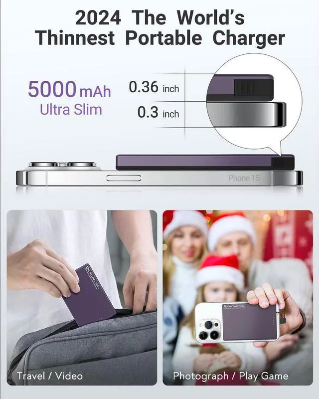 Alt view image 2 of 5 - Magnetic Portable Charger, 5000mAh Portable Wired Charger with Built-in USB-C Cable &Anti fingerprint, 0.36in Ultra Slim Portable Battery Charger for iPhone 15/Pro/Pro Max&Andriod Devices,Purple