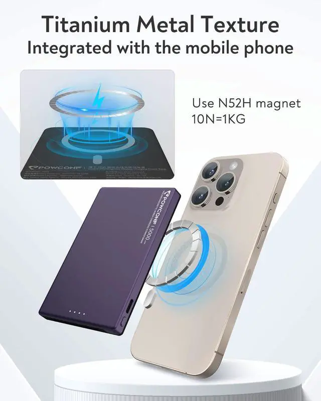 Alt view image 4 of 5 - Magnetic Portable Charger, 5000mAh Portable Wired Charger with Built-in USB-C Cable &Anti fingerprint, 0.36in Ultra Slim Portable Battery Charger for iPhone 15/Pro/Pro Max&Andriod Devices,Purple