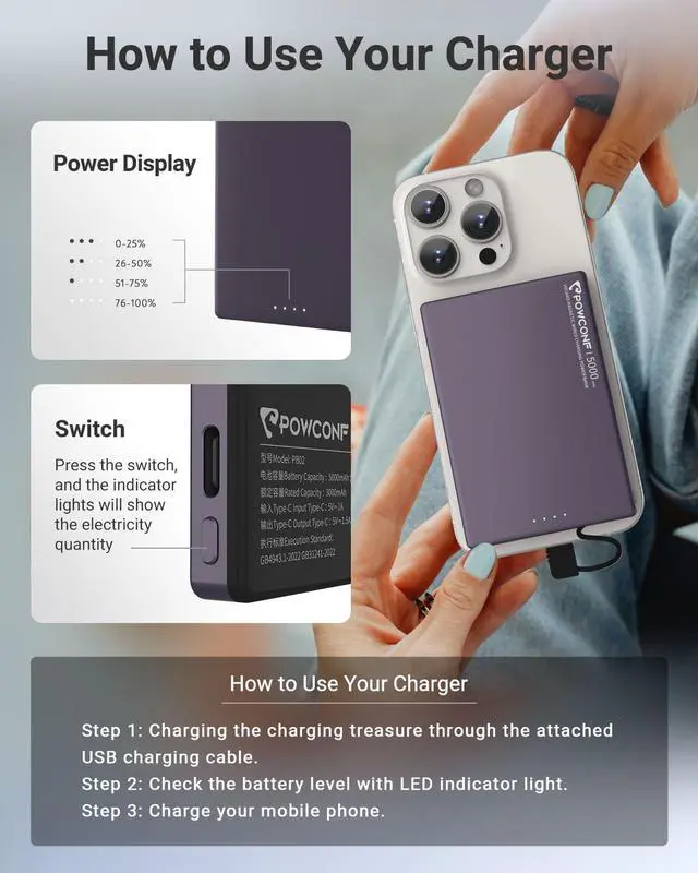 Alt view image 5 of 5 - Magnetic Portable Charger, 5000mAh Portable Wired Charger with Built-in USB-C Cable &Anti fingerprint, 0.36in Ultra Slim Portable Battery Charger for iPhone 15/Pro/Pro Max&Andriod Devices,Purple
