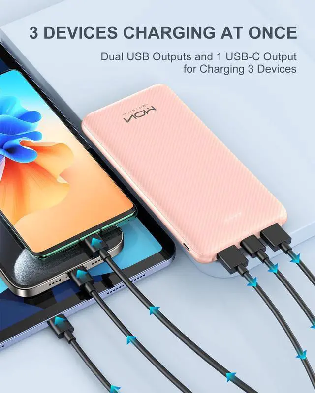 Alt view image 3 of 5 - MOXNICE Power Bank 10000mAh Portable Charger, Slimmest 5V/3A Battery Pack, USB C Input & Output External Phone Charger, Compatible with iPhone Series, Galaxy Series,Tablets, Pixel, etc (Pink)