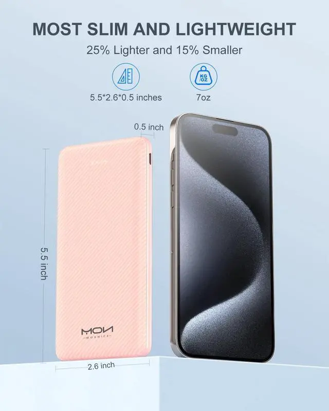 Alt view image 5 of 5 - MOXNICE Power Bank 10000mAh Portable Charger, Slimmest 5V/3A Battery Pack, USB C Input & Output External Phone Charger, Compatible with iPhone Series, Galaxy Series,Tablets, Pixel, etc (Pink)