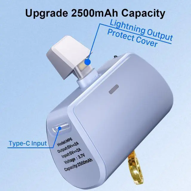Alt view image 3 of 5 - WAVYPO Keychain Portable Charger 2500mAh, Cell Phone Portable Power Bank Pack Mini Power Emergency Pod Fast Charging Compatible for iPhone 14/14 Pro Max/13/13 Pro Max/12/12 Pro Max/11/XR/X/8 (Blue)