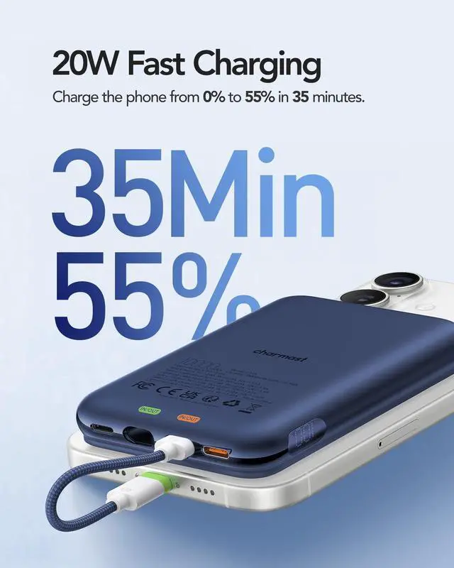 Alt view image 3 of 5 - Charmast 10000mAh Wired Portable Charger, 20W Fast Charging Slim Power Bank with Removable Cable for iPhone & Android, Hand-Free Battery Pack with Digital Display for Short Travel (No-Wireless)