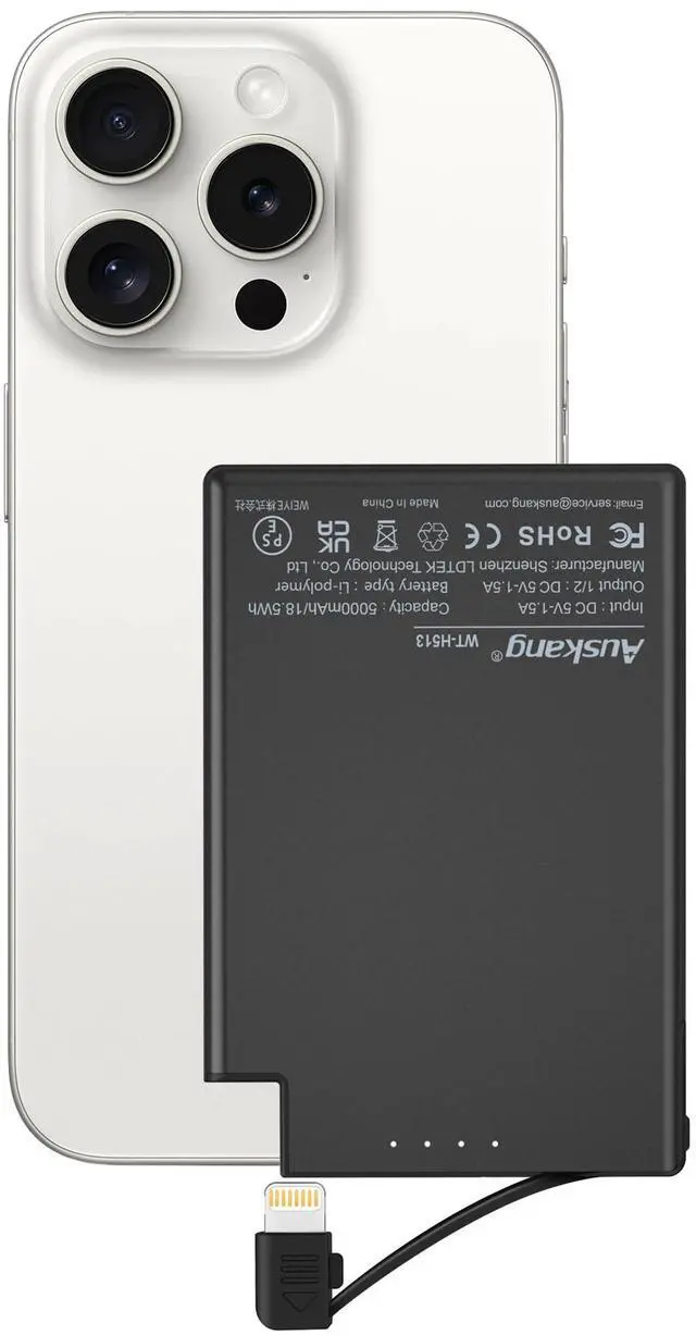 Main image of Auskang Portable Charger with Built in Lightning Cable 5000 mAh Magnetic Non- Wireless Small Slim Power Bank for iPhone 14 13 12 11 X 8 7 6 SE Series (Not for iPhone 15 16 Series)