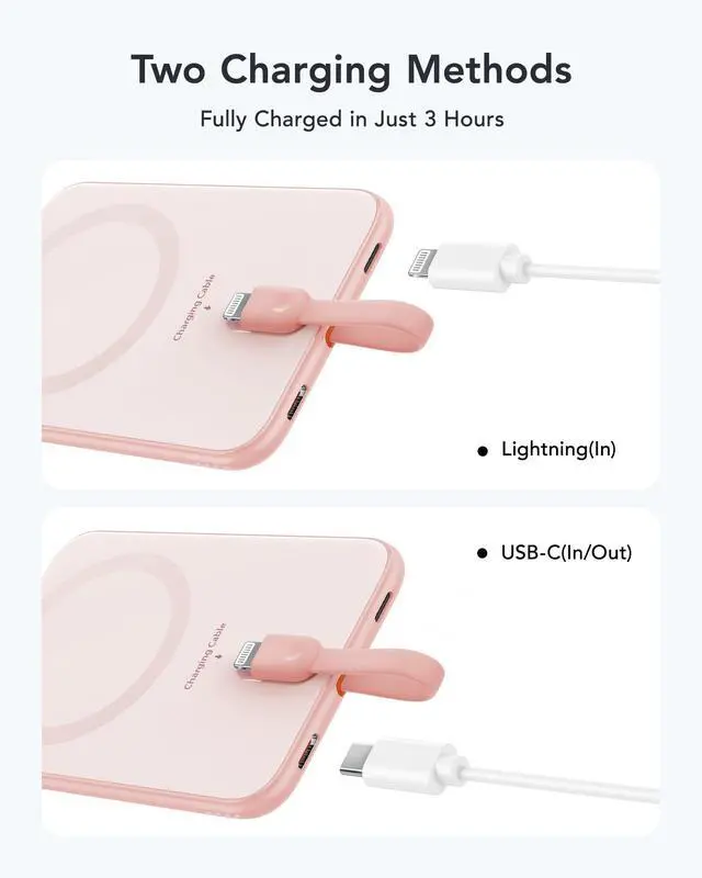 Alt view image 3 of 5 - VEEKTOMX Slim Portable Charger, 5000mAh Lightweight Power Bank with Built-in Cable for iPhone, Ultra Thin Battery Pack Compatible with iPhone14/13/12/XS/Pro/Airpods(Non-Wireless Charging), Pink