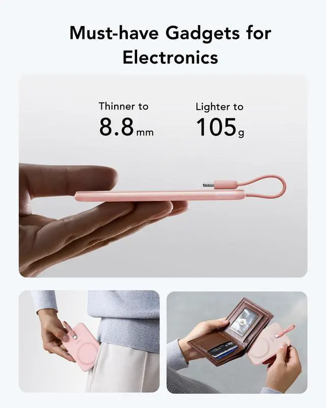Alt view image 4 of 5 - VEEKTOMX Slim Portable Charger, 5000mAh Lightweight Power Bank with Built-in Cable for iPhone, Ultra Thin Battery Pack Compatible with iPhone14/13/12/XS/Pro/Airpods(Non-Wireless Charging), Pink