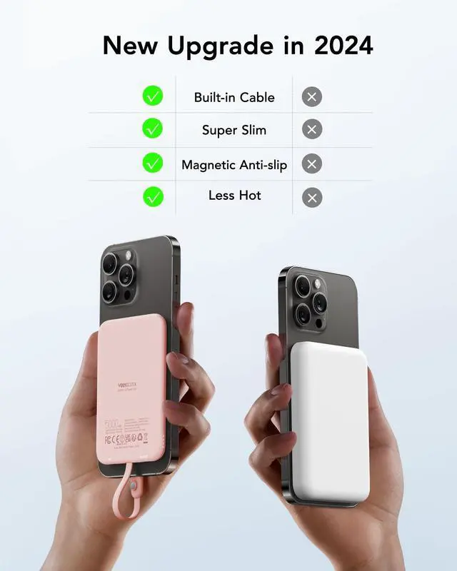 Alt view image 2 of 5 - VEEKTOMX Slim Portable Charger, 5000mAh Lightweight Power Bank with Built-in Cable for iPhone, Ultra Thin Battery Pack Compatible with iPhone14/13/12/XS/Pro/Airpods(Non-Wireless Charging), Pink