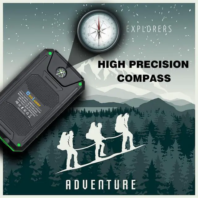 Alt view image 4 of 5 - Solar Power Bank 36800mah, Solar Charger Power Bank with 18W PD 5V 3.1A outputs, IP67 Waterproof, Grade A+ Battery with LED Flashlight and Compass, Perfect Camping Gear Accessory for Outdoor (Green)